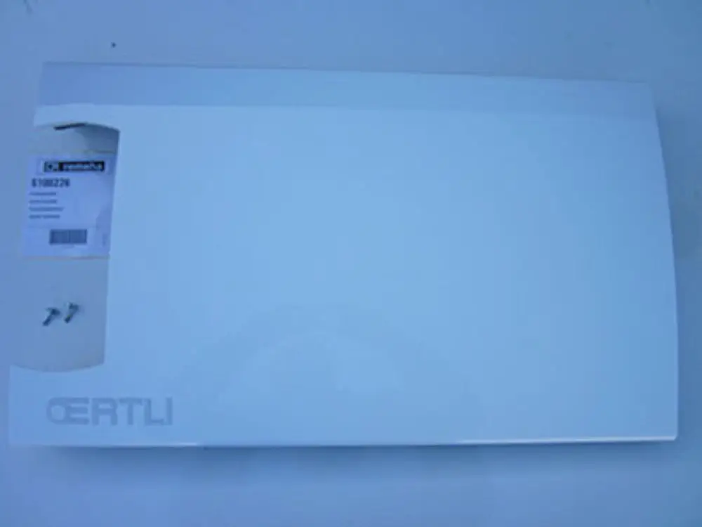 Weißes Kunststoff-Panel mit Aussparung und Beschriftung "OERTLI", neben zwei Schrauben auf hellgrauem Untergrund, passend für Remeha Produkte.